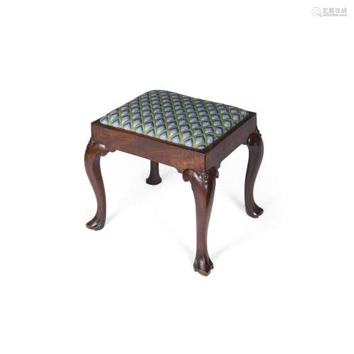 GEORGIAN MAHOGANY STOOLMID 18TH CENTURY the rectangular drop-in pad seat covered in blue and green