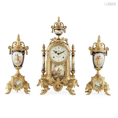 ITALIAN GILT METAL AND PORCELAIN THREE PIECE CLOCK GARNITURE, LANCINIMODERN the clock surmounted