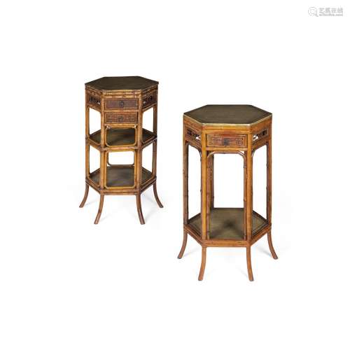 TWO REGENCY BAMBOO 'BRIGHTON PAVILION' LAMP TABLES19TH CENTURY with painted hexagonal tops, one with