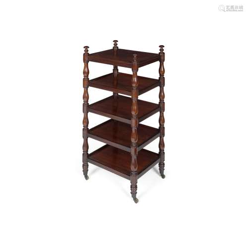 REGENCY MAHOGANY WHATNOT19TH CENTURY with five tiers raised and divided by turned supports, ending