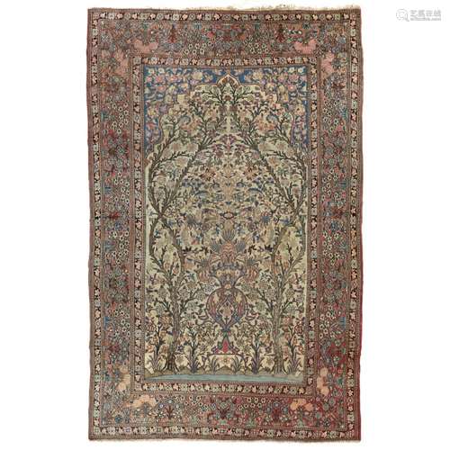 KASHAN PRAYER RUGCENTRAL PERSIA, LATE 19TH/EARLY 20TH CENTURY the cream field with red floral vase