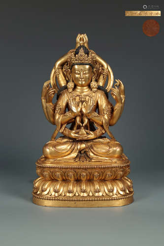 A BRONZE CASTED MULTI-ARMS MANJUSHIRI BUDDHA