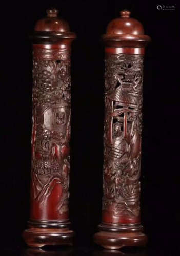 PAIR OLD BAMBOO CARVED CHARACTER PATTERN HOLDER BOX