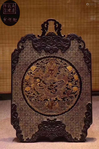 A ZITAN WOOD GILD DRAGON PATTERN SCREEN