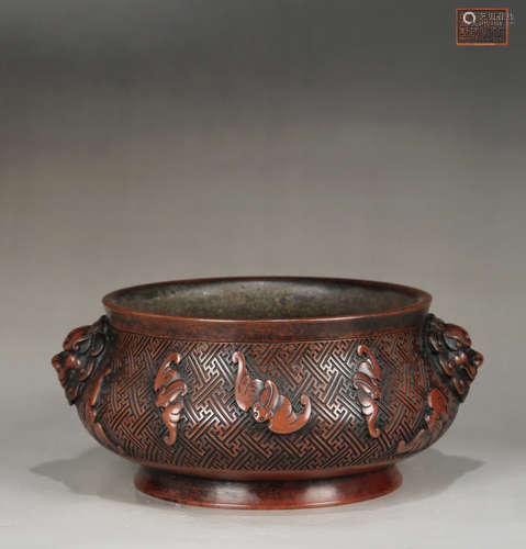 A BRONZE CASTED BAT PATTERN EAR CENSER