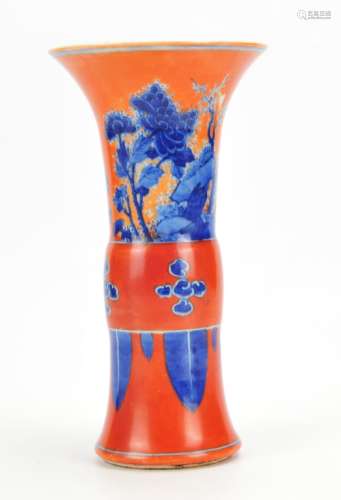 Chinese Coral Ground Blue and White Gu Vase