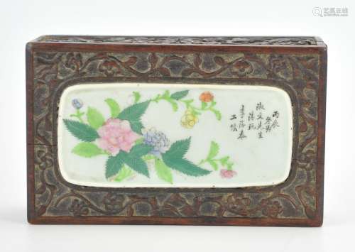 Chinese Carved Hardwood & Porcelain Box,19th C.