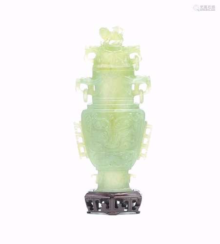 A Chinese Jadeite Archaistic carving Jar And Cover