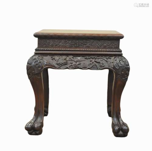 Carved Chinese End table w/ Village Scenes,20th C.