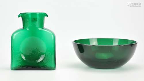 Mid-century Green Blenko Pitcher w/ Glass Bowl