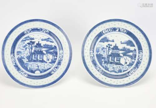 Pair Of Chinese Export Blue And White Plates19th C