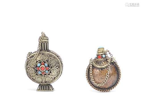 Two metal Snuff Bottles with inlaid stones,19th C.