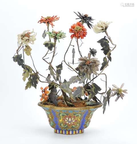 Chinese Cloisonne Pot w/ Jade Flowers, Qing D.