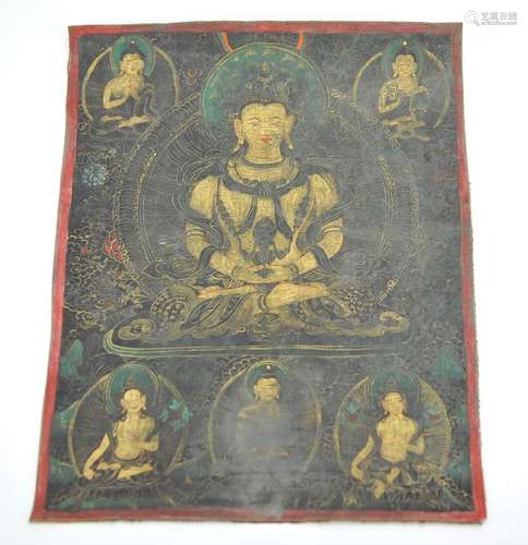 Tibetan Thangka: 6 Gold Buddhas Painted on Leather