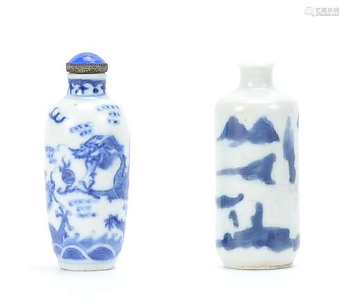 Two Chinese Blue& White Snuff Bottles,19th C.