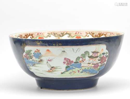 Large Blue Ground Famille Rose Bowl, 18-19th C.