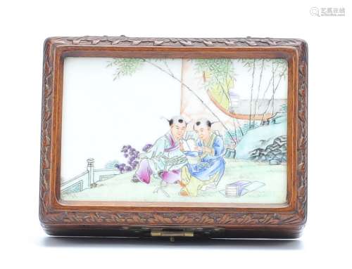 Chinese Rosewood Box w/ Porcelain Plaque,20th C.