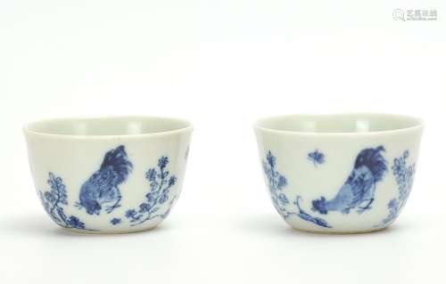 Pair of Blue And White Rooster Cups w/ KangXi Mark