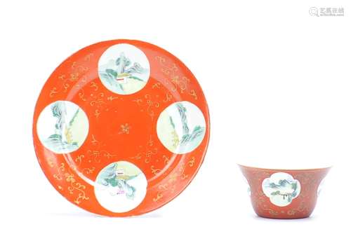 Coral Red Glazed Famille Rose Bowl&Plate,19th C.