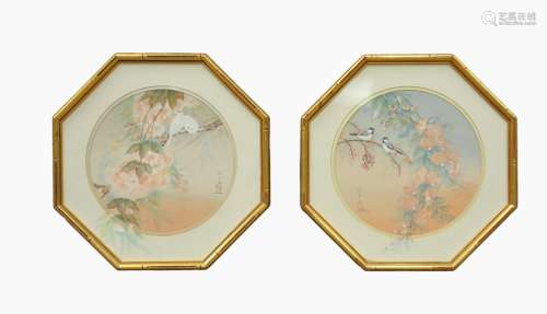 Pair of Framed Silk Gouache Bird Paintings,20th C.
