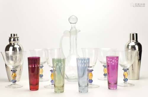 Barware Lot: Decanter, shakers, glasses,Mid C.