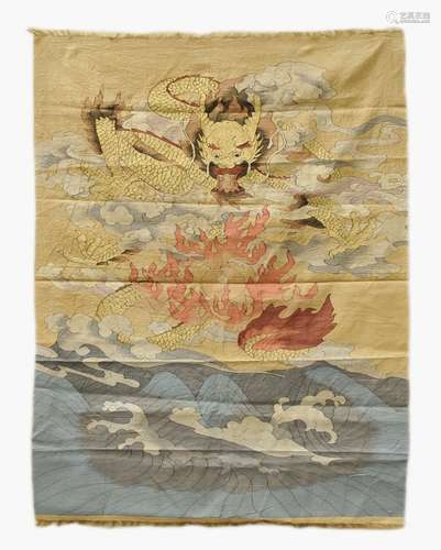 Chinese Embroidered Dragon Silk Panel, 19th C.