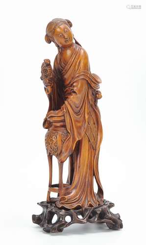 Chinese Huangyang Wood Carving Lady,Late Qing D.