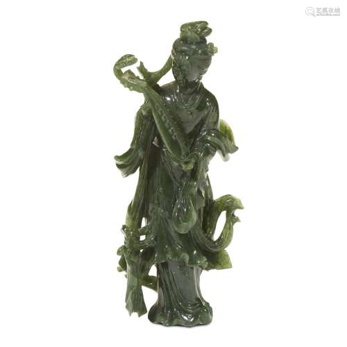 A well-carved Chinese spinach jade figure of a meiren with lute