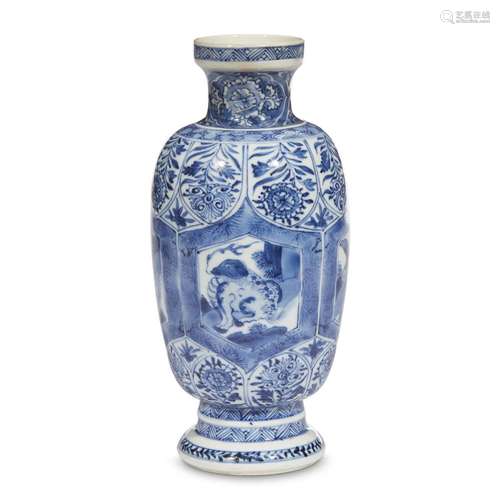 A Chinese blue and white porcelain vase, decorated with panels of mythical creatures