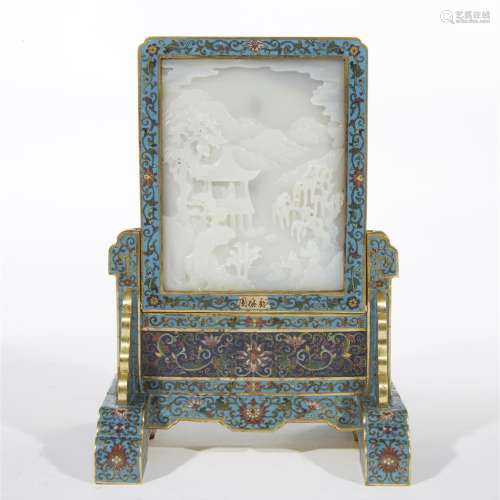 Chinese white jade and cloisonné table screen