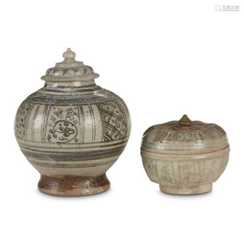 A Thai iron brown-decorated stoneware covered jar and a box, Sawankhalok kilns