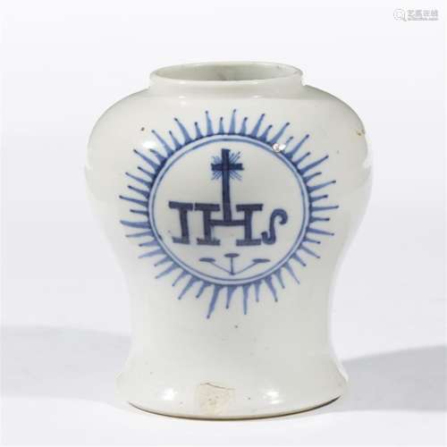 A small Chinese blue and white porcelain jar with Jesuit monogram