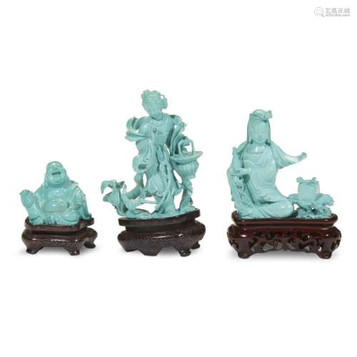 Three well-carved Chinese small turquoise figures