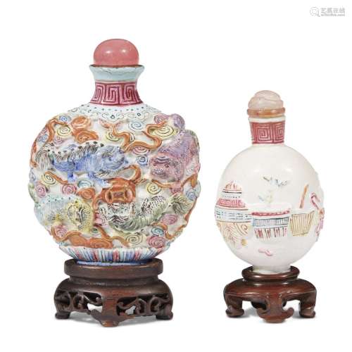 Two Chinese molded and enameled porcelain snuff bottles