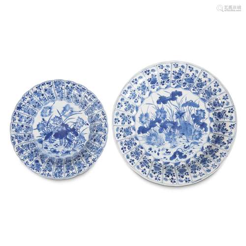 Two similar Chinese blue and white lobed porcelain dishes