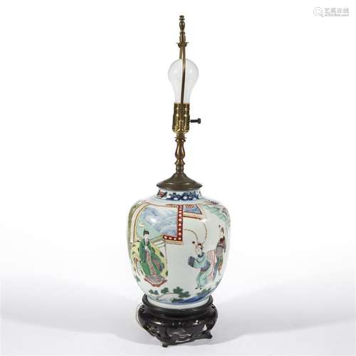 A Chinese wucai-decorated porcelain jar, now mounted as a lamp