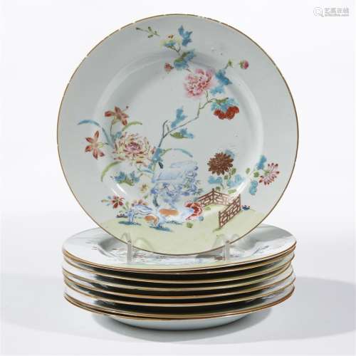 A set of nine Chinese export porcelain famille rose-decorated plates