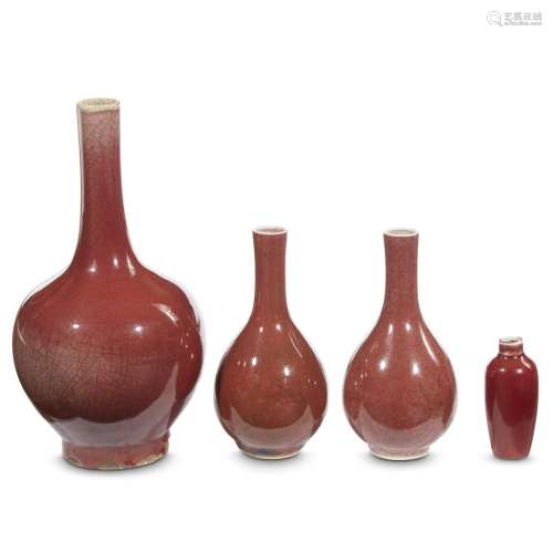 Three Chinese copper red-glazed vases and a snuff bottle