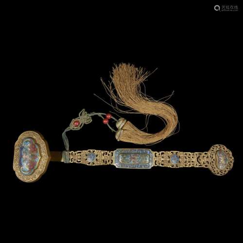 A Chinese gilt bronze and cloisonne ruyi scepter