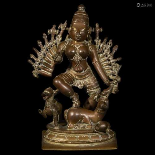 A South Indian brass figure of Durga, Mahisasuramardini, Karnataka