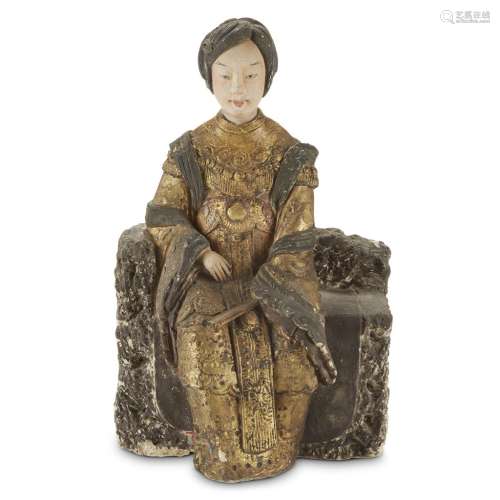 A Chinese painted stucco figure of a seated woman
