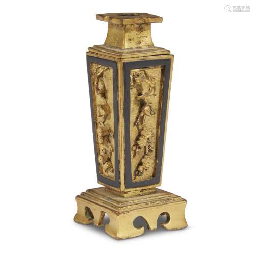 A Chinese gilt and patinated copper alloy miniature incense tool vase