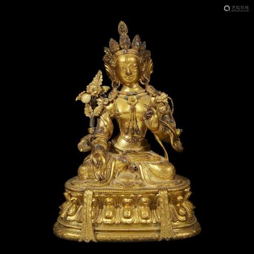 A fine Sino-Tibetan embellished gilt-bronze figure of White Tara