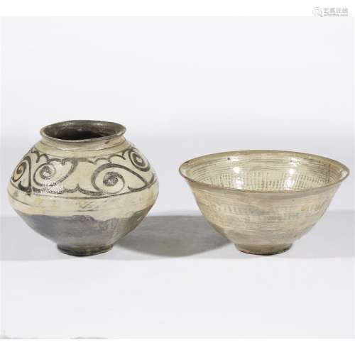 A Korean buncheong ware bowl and a small jar