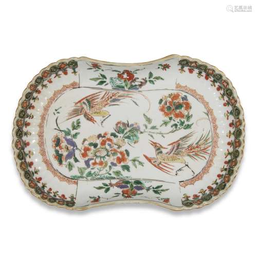 An unusual Chinese porcelain famille verte-decorated ingot-form dish