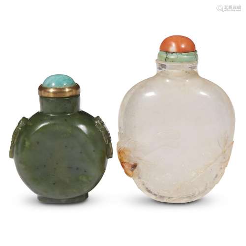 A Chinese carved spinach jade snuff bottle and a carved rock crystal 