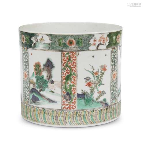 A Kangxi style famille verte-decorated cylindrical brush pot