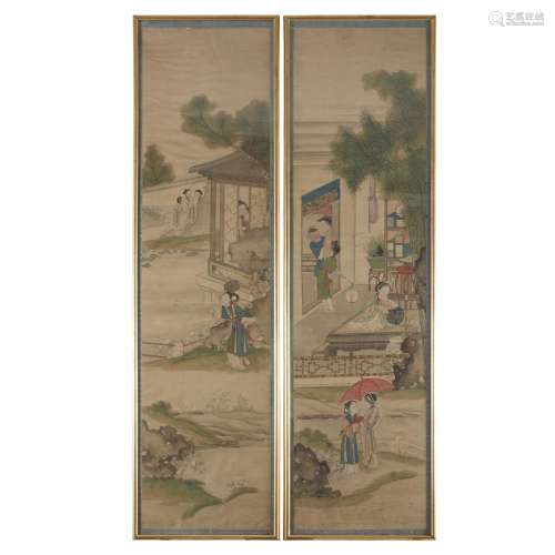 A set of six Chinese screen panels depicting meiren at various pursuits