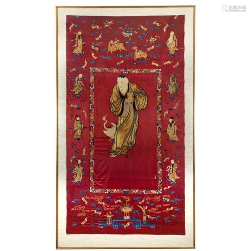 A large Chinese red needlepoint Daoist embroidery