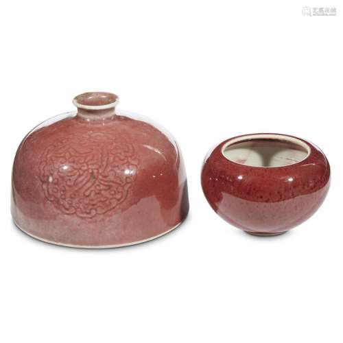 A Chinese copper red-glazed water coupe, taibo zun, and an alms bowl-form small water coupe